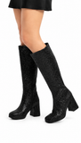 Women's Black Glitter GoGo Boots Knee High Block Heel Retro Fancy Dress 1960s 1970s