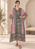 Green Women’s Elephant Print Kaftan Cover Up – V Neck Batwing Sleeve Beach Dress