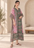 Green Women’s Elephant Print Kaftan Cover Up – V Neck Batwing Sleeve Beach Dress