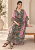 Green Women’s Elephant Print Kaftan Cover Up – V Neck Batwing Sleeve Beach Dress