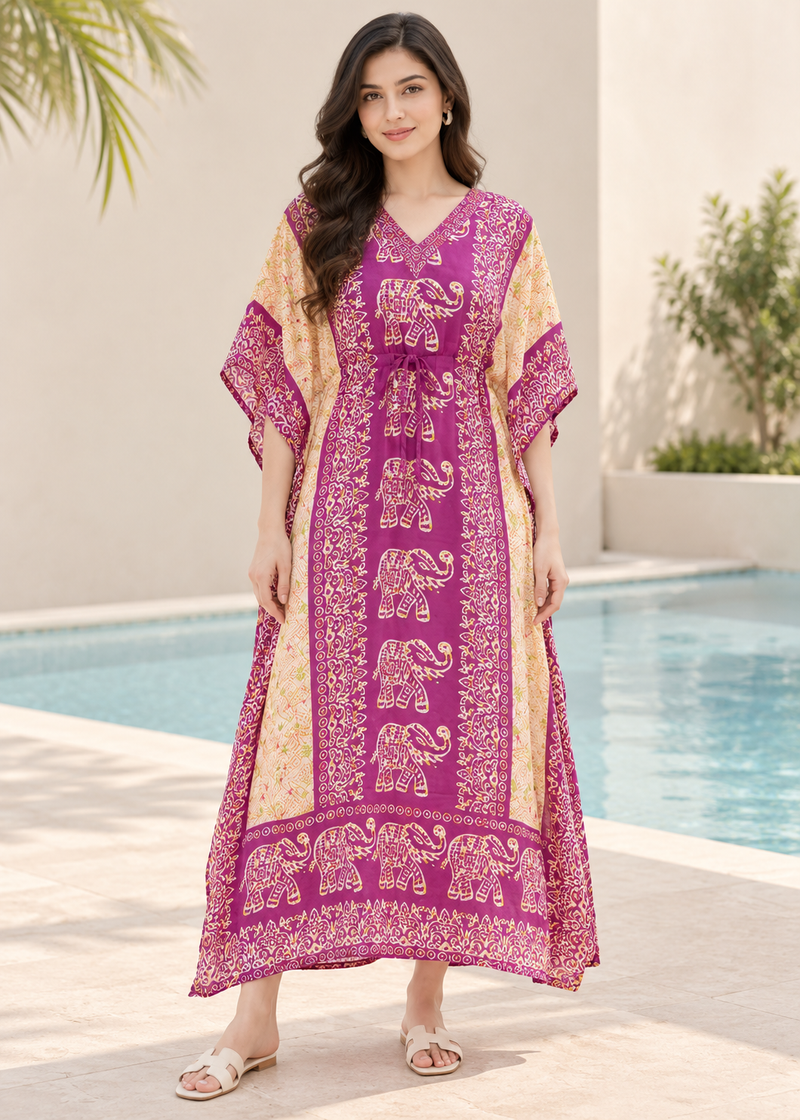 Purple Elephant Print Kaftan for Women – V Neck Batwing Sleeve Beach Cover Up