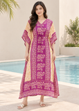 Purple Elephant Print Kaftan for Women – V Neck Batwing Sleeve Beach Cover Up