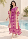Purple Elephant Print Kaftan for Women – V Neck Batwing Sleeve Beach Cover Up