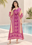 Purple Elephant Print Kaftan for Women – V Neck Batwing Sleeve Beach Cover Up