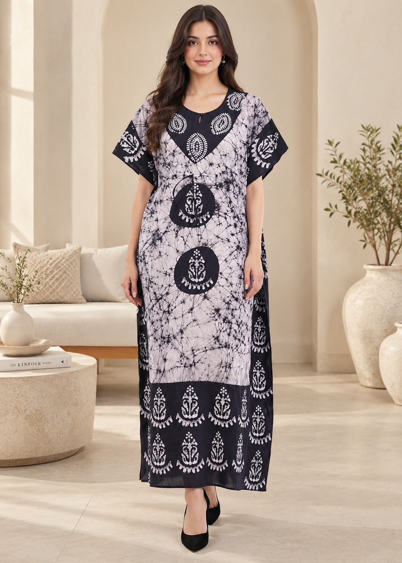 Women’s 100% Cotton Batik Maxi Kaftan Dress with Drawstring Waist