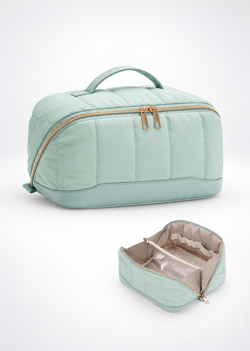 Green Large Quilted Travel Makeup Bag with Brush Holder