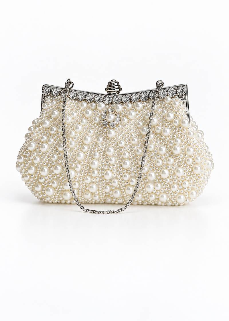 HONGCI Faux Off White Pearl Rhinestone Clutch Bag – Women’s Bridal Wedding and Prom Evening Handbag