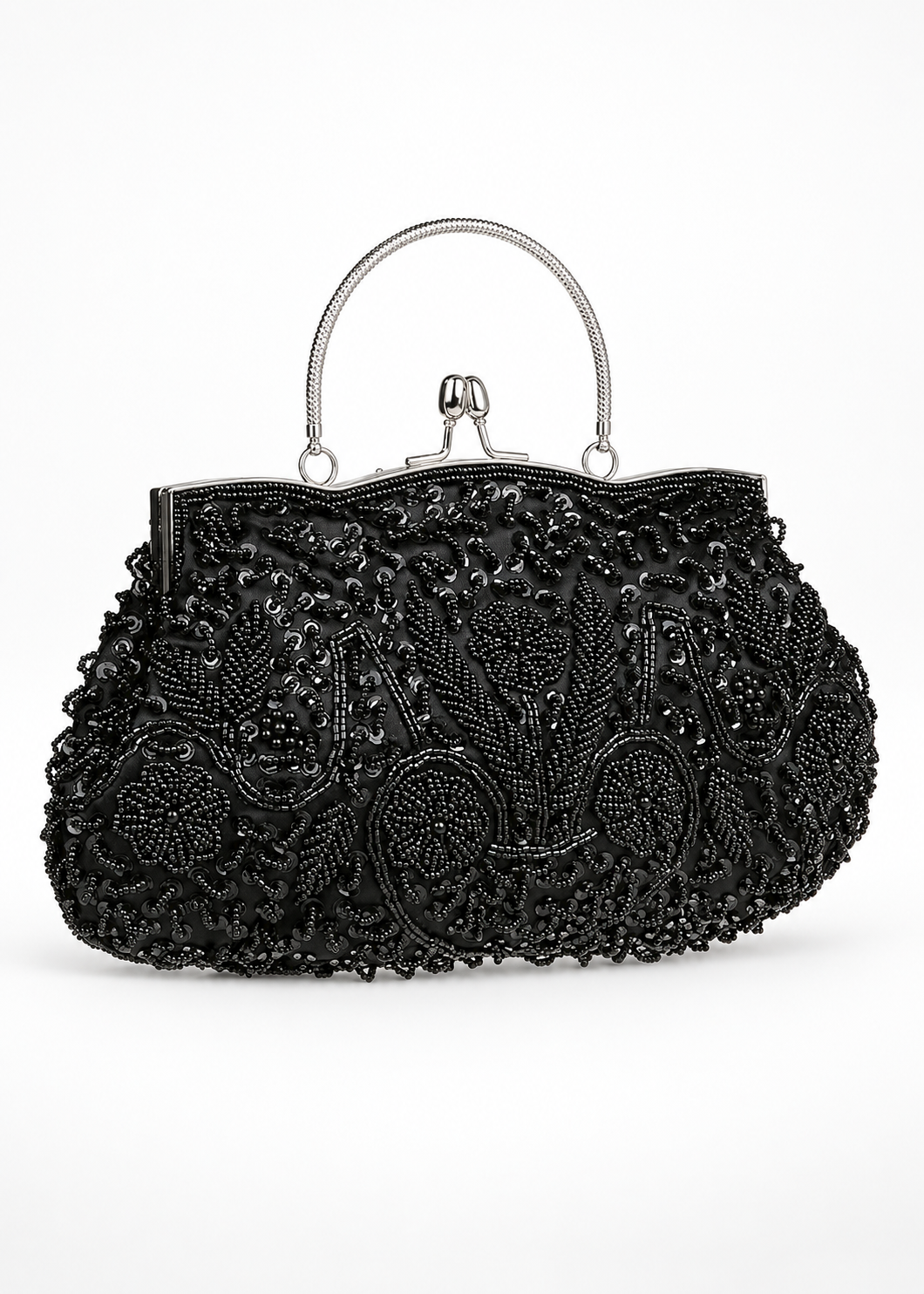 HONGCI Women’s Q Black Rose Beaded Clutch Bag with Chain – Vintage Sequin Bridal and Evening Bag
