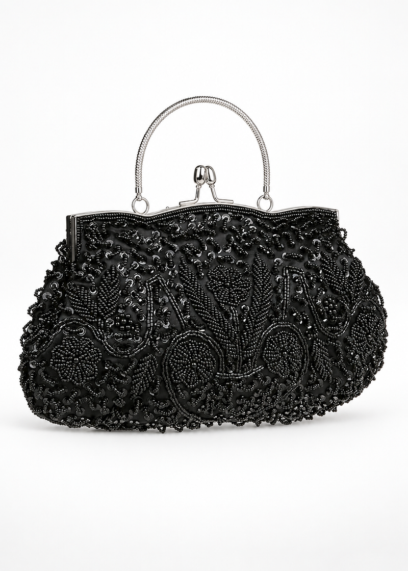 HONGCI Women’s Q Black Rose Beaded Clutch Bag with Chain – Vintage Sequin Bridal and Evening Bag