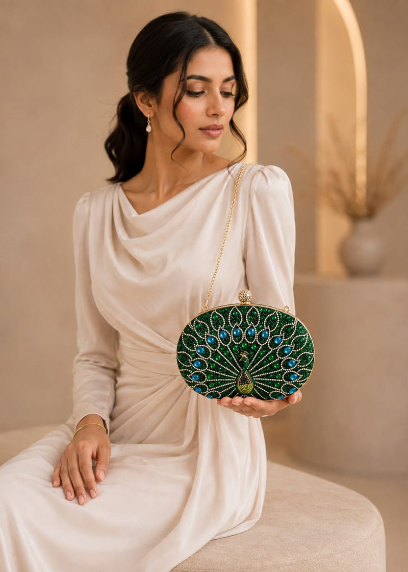Women’s Green Peacock Sequin Clutch Bag with Chain – Vintage Rhinestone Evening Handbag