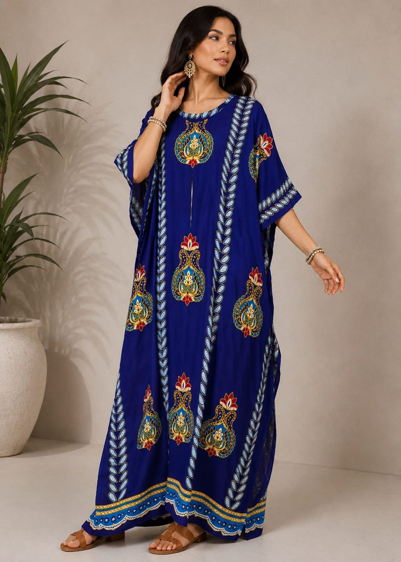 Royal Blue Women’s 100% Cotton African Print Long Kaftan Dress