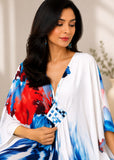 Women’s White and Blue Bohemian Maxi Kaftan Beach Cover-Up