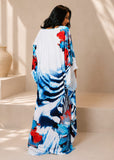 Women’s White and Blue Bohemian Maxi Kaftan Beach Cover-Up