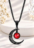 Black Crescent Moon Necklace with Red Crystal – Gothic Pendant Jewellery