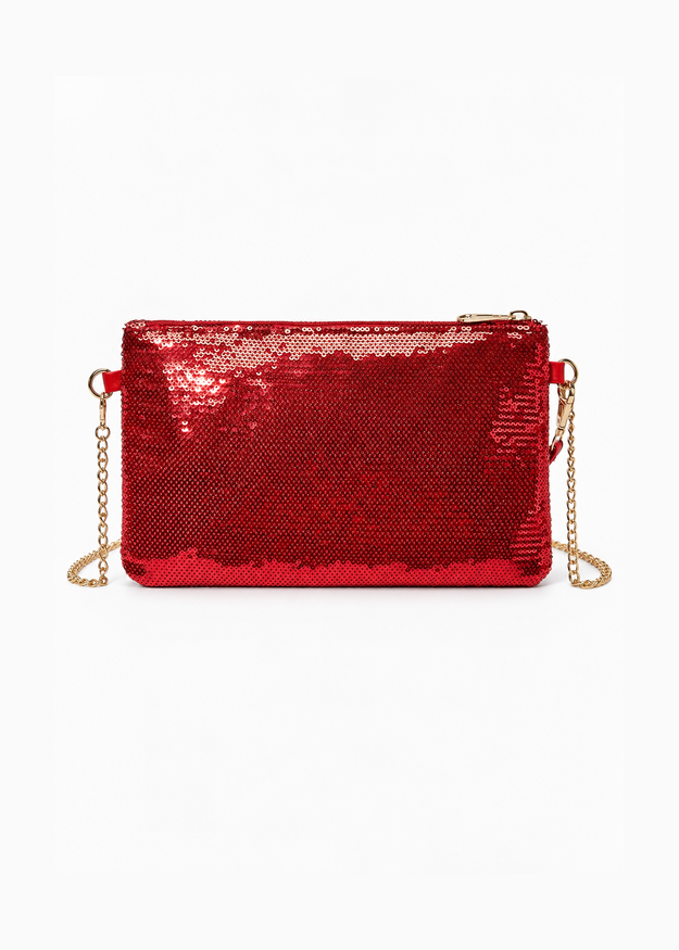 Miss Lulu Red Sequin Clutch Bag with Chain Strap