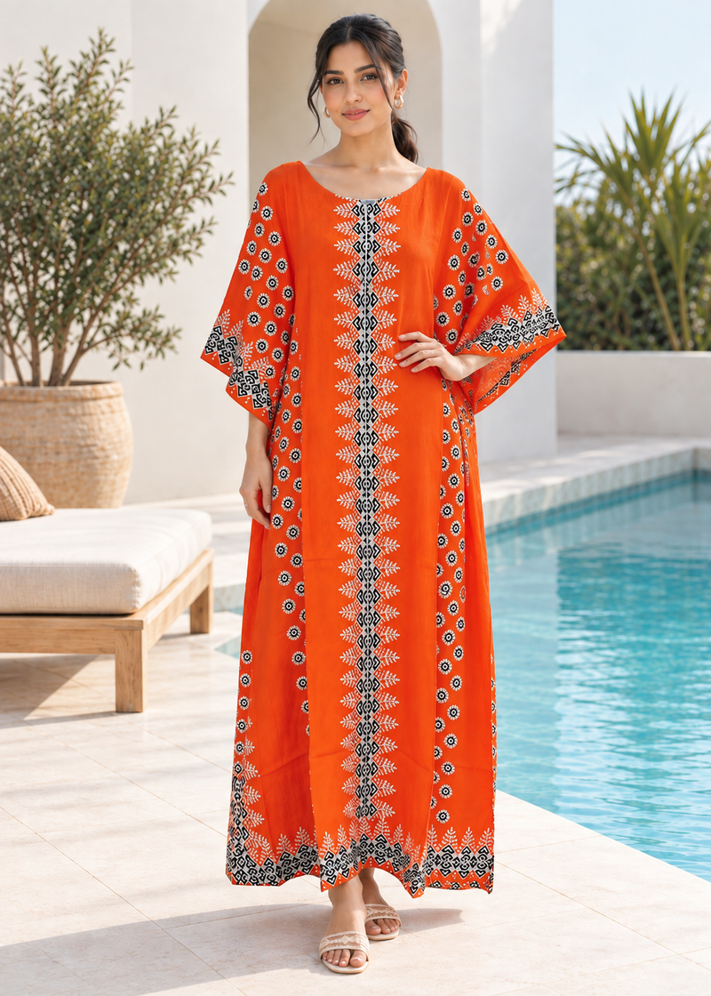 Women’s Orange 100% Cotton African Print Maxi Kaftan Dress – One Size Up to UK 28