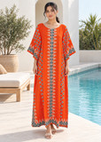 Women’s Orange 100% Cotton African Print Maxi Kaftan Dress – One Size Up to UK 28