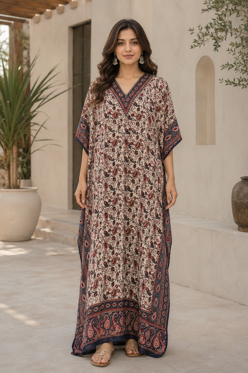 Women’s Paisley Print Kaftan Dress – Plus Size V-Neck Maxi Beach Cover-Up with Drawstring