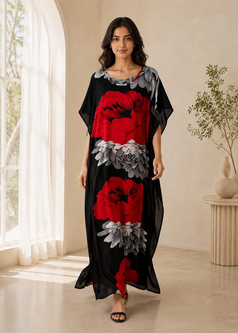 Women’s Cotton Floral Kaftan Dress – Plus Size Long Maxi Beach Cover-Up for Summer Holidays