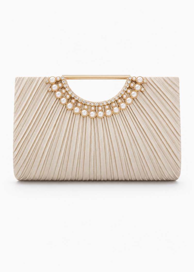 OPLERT Women’s Gold Pleated Satin Evening Clutch Bag with Pearl Handle and Chain Strap