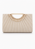 OPLERT Women’s Gold Pleated Satin Evening Clutch Bag with Pearl Handle and Chain Strap