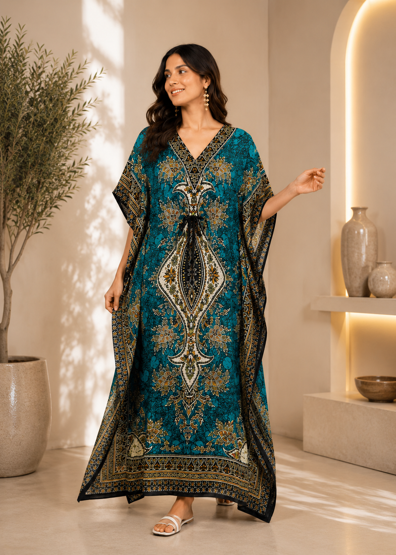 Women Peacock Blue Polyester Kaftan Maxi Dress