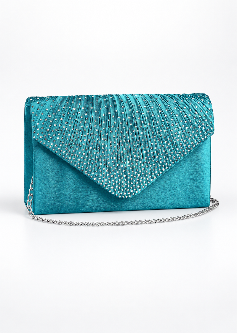 Teal Blue Satin Diamante Envelope Evening Bag