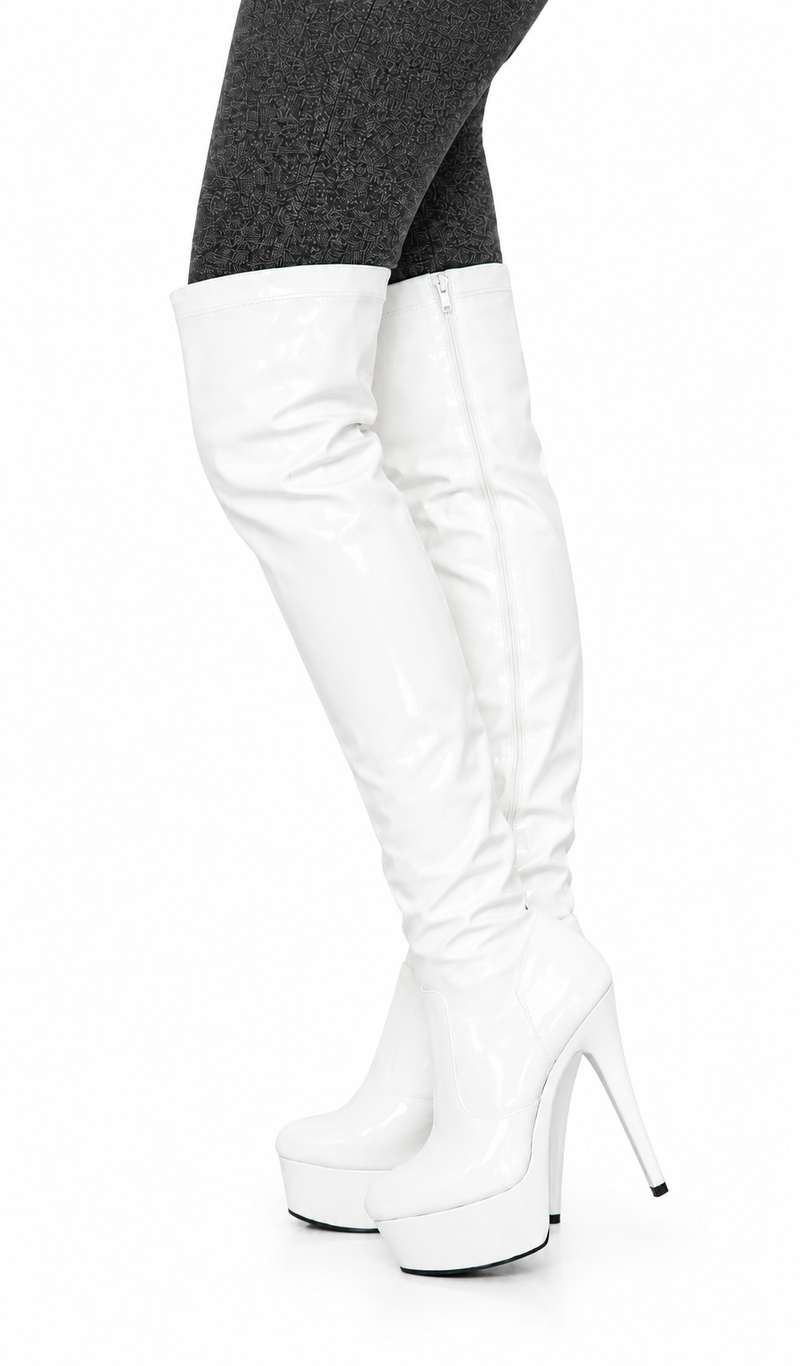 Women's White Thigh High Over The Knee Platform Stiletto Boots Synthetic Leather Zip G-777