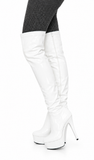 Women's White Thigh High Over The Knee Platform Stiletto Boots Synthetic Leather Zip G-777