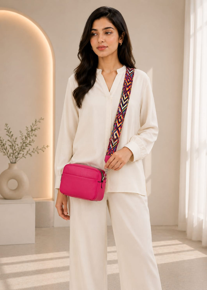 Light Pink Women’s Small PU Leather Crossbody Camera Bag with Two Straps