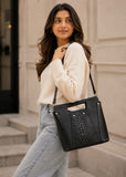 Faux Crocodile Rock N Roll V Handbag - Black