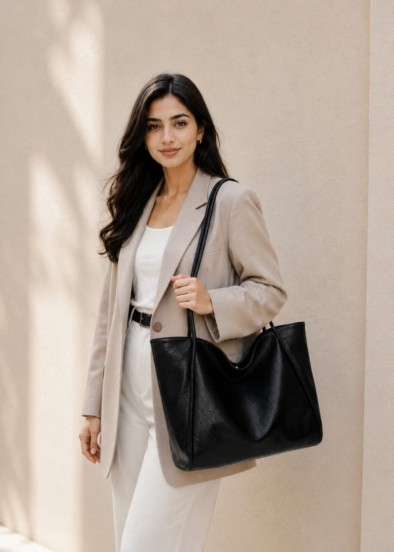 LassZone Black Large Vegan Leather Tote Bag for Women with Inner Zip Pocket