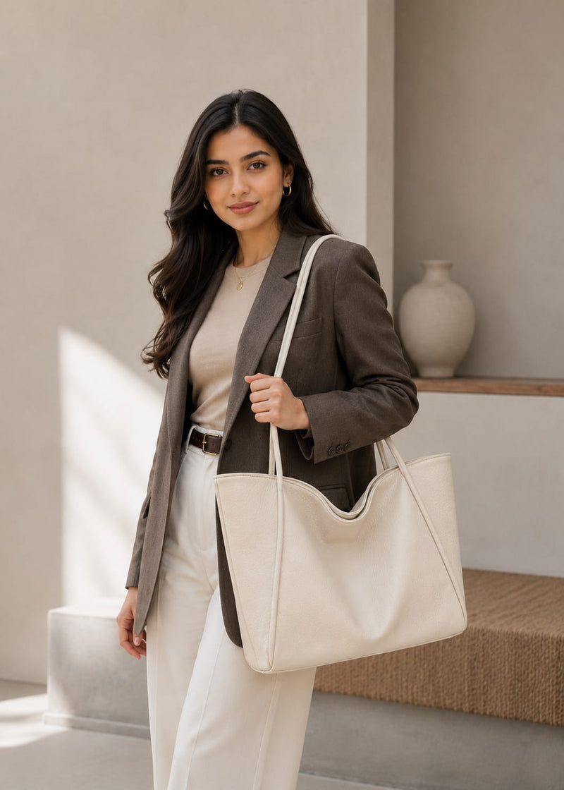 LassZone Beige Large Vegan Leather Tote Bag for Women with Inner Zip Pocket