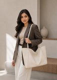 LassZone Beige Large Vegan Leather Tote Bag for Women with Inner Zip Pocket