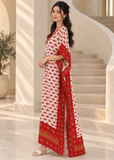 White & Red Paisley Kaftan Dress for Women – V Neck Drawstring Waist Boho Maxi Beach Cover Up
