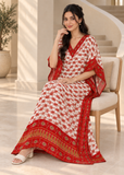 White & Red Paisley Kaftan Dress for Women – V Neck Drawstring Waist Boho Maxi Beach Cover Up