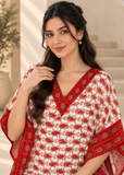 White & Red Paisley Kaftan Dress for Women – V Neck Drawstring Waist Boho Maxi Beach Cover Up