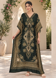 Emerald Green Paisley Kaftan Dress for Women – V Neck Drawstring Waist Boho Maxi Beach Cover Up