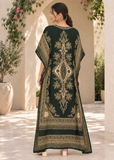 Emerald Green Paisley Kaftan Dress for Women – V Neck Drawstring Waist Boho Maxi Beach Cover Up