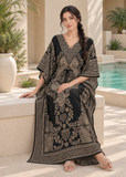 Black & Beige Paisley Kaftan Dress for Women – V Neck Drawstring Waist Boho Maxi Beach Cover Up