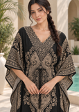 Black & Beige Paisley Kaftan Dress for Women – V Neck Drawstring Waist Boho Maxi Beach Cover Up