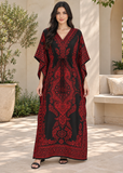 Red & Black Paisley Kaftan Dress for Women – V Neck Drawstring Waist Boho Maxi Beach Cover Up
