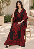 Red & Black Paisley Kaftan Dress for Women – V Neck Drawstring Waist Boho Maxi Beach Cover Up