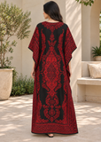 Red & Black Paisley Kaftan Dress for Women – V Neck Drawstring Waist Boho Maxi Beach Cover Up