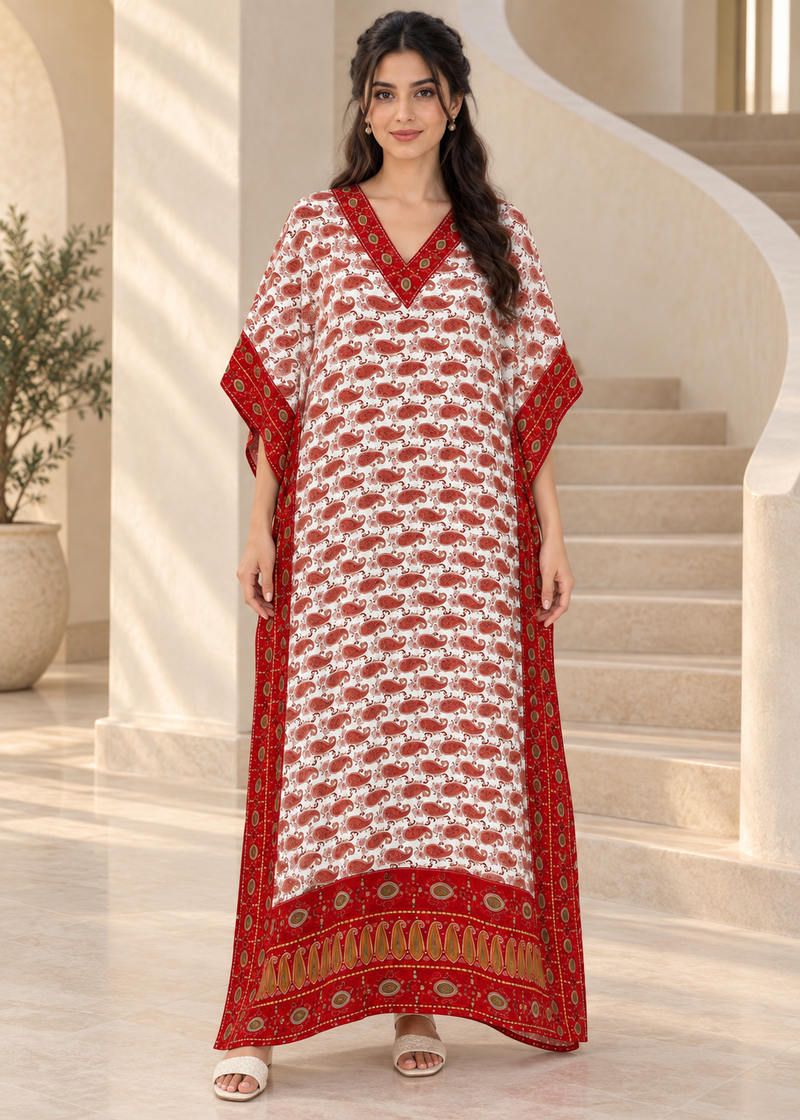 White & Red Paisley Kaftan Dress for Women – V Neck Drawstring Waist Boho Maxi Beach Cover Up