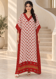 White & Red Paisley Kaftan Dress for Women – V Neck Drawstring Waist Boho Maxi Beach Cover Up