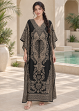 Black & Beige Paisley Kaftan Dress for Women – V Neck Drawstring Waist Boho Maxi Beach Cover Up