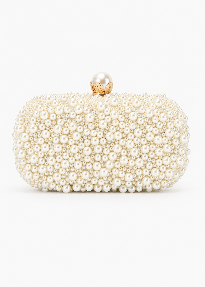 Women Beige Evening Bags with Pearls Clutch Bag for Wedding Party Bridal Prom
