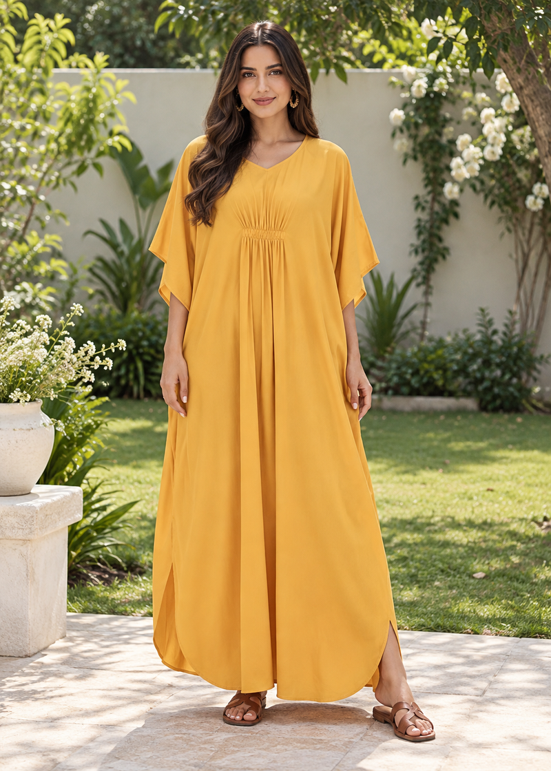 Women's Yellow Cotton Blend Maxi Kaftan Dress with Batwing Sleeves