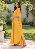 Women's Yellow Cotton Blend Maxi Kaftan Dress with Batwing Sleeves